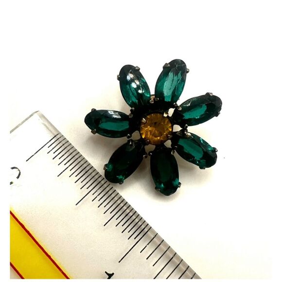 Vintage Sterling Silver Green & Yellow Glass Flower Clip-On Earrings - Picture 7 of 7